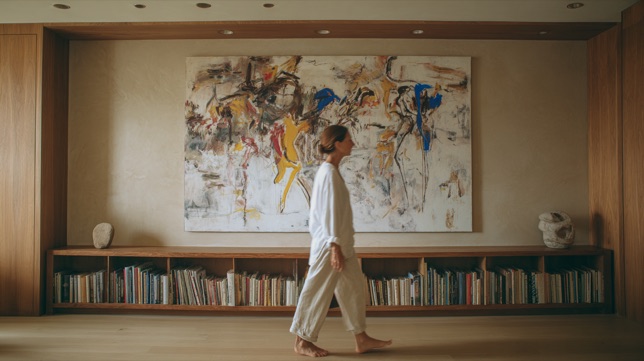 A collector walks past a large abstract painting in a private residence
