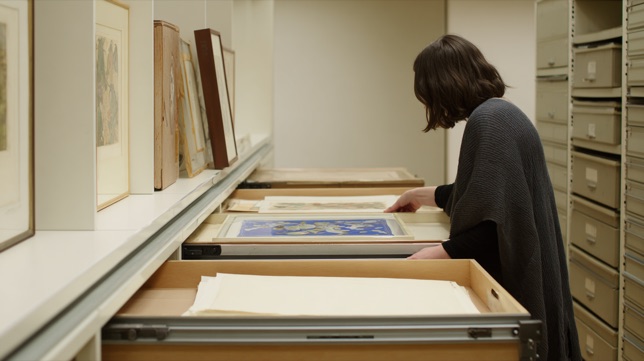 An archivist reviews framed artworks in a collection storage room